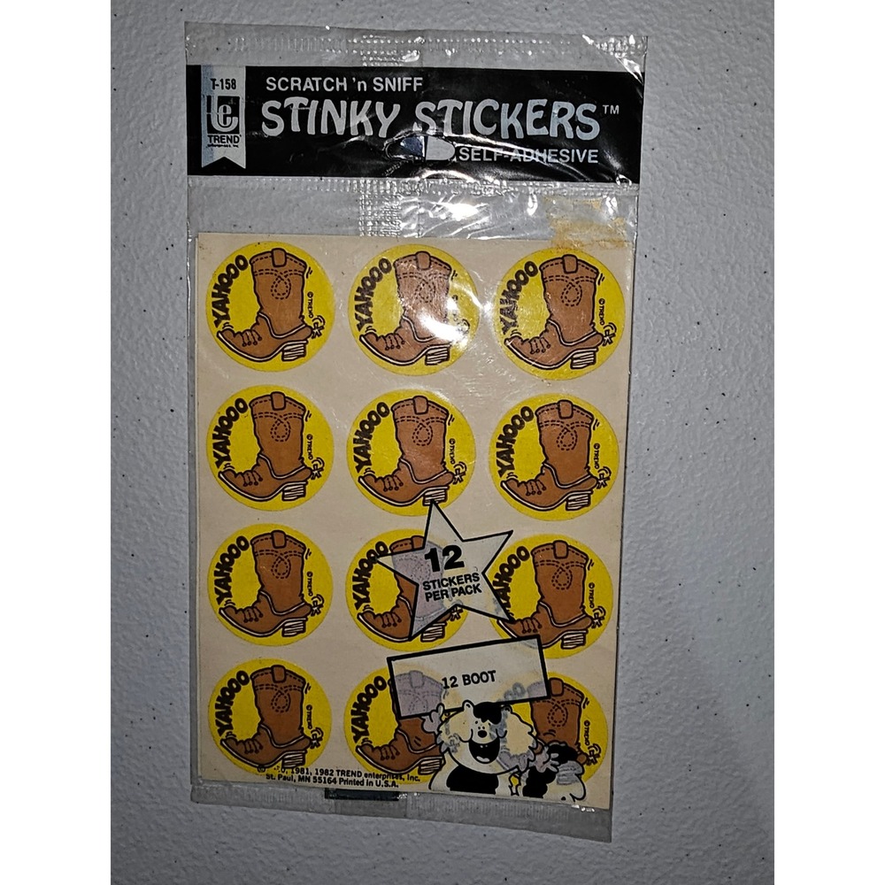 Trend 1982 Matte Scratch N Sniff Stinky Stickers YAHOOO Cowboy Boot Leather NIP